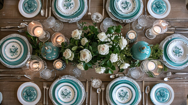  a table is set with blue and white plates and silverware and a centerpiece with a bouquet of flowers in the center of the table is surrounded by candles.