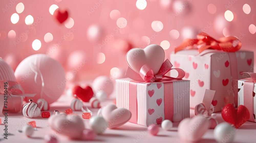Poster a bunch of presents that are sitting on a table in front of a pink wall with hearts on it and a bow 