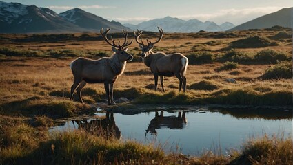 reindeers standing in front of small pond on island