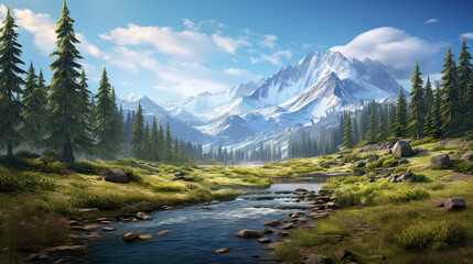 Fototapeta na wymiar The essence of the natural realm, featuring backgrounds with majestic mountains, expansive meadows, and clear, flowing waters background Ai Generative