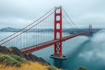 Fototapeta na wymiar Misty Morning: Golden Gate Bridge Overlooking San Francisco