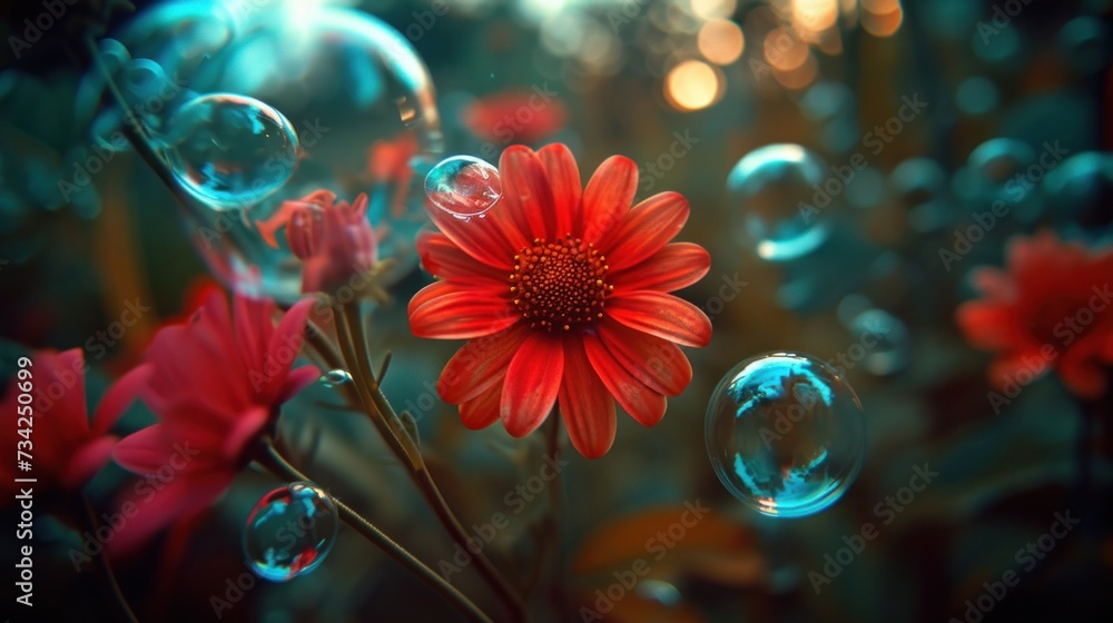 Poster a close up of a red flower with bubbles in the foreground and a blurry background of water droplets 