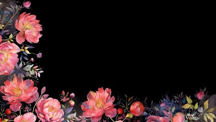 Watercolor peonies on a black background, pink flowers background