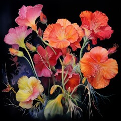 Watercolor flowers on a black background