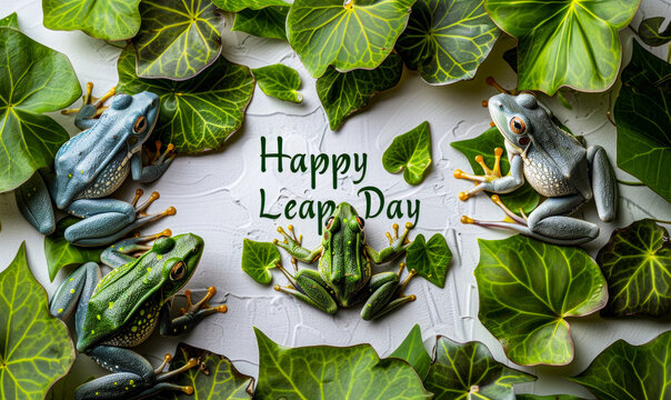 Festive and natural 'Happy Leap Day' concept with detailed toy frogs among lush ivy leaves on a bright white background