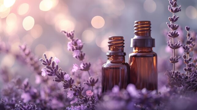  three bottles of lavender essential oil sit in a field of lavender flowers in front of a boke of boke of boke of boke of boke.