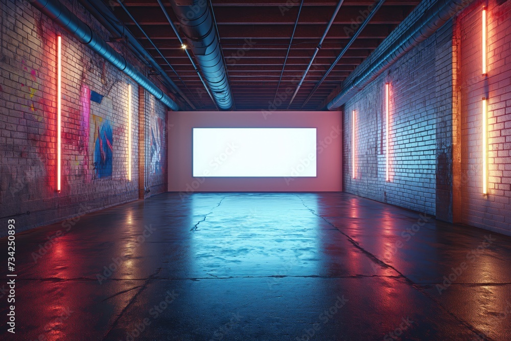 Poster Blank white screen on dark brick wall in empty hall with dark glossy concrete floor and fluorescent lamps on walls