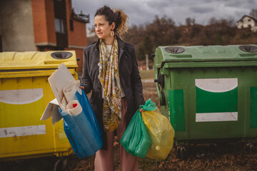 one woman stand with sorted garbage in front of recycle containers