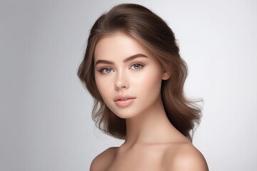 Fototapeta premium Portrait of a beautiful young woman with clean fresh skin. Model with healthy skin, close-up portrait. on isolated white background, Cosmetology, beauty and spa