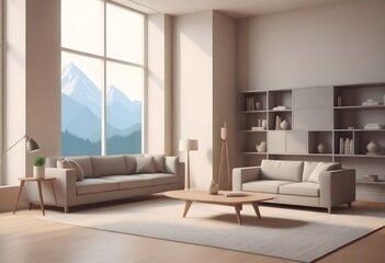 Naklejka na ściany i meble A modern living room with a large window providing a view of mountains, featuring a sectional sofa, two armchairs, a coffee table, a floor lamp, and a shelving unit