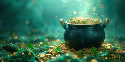 Pot full of gold coins and shamrock leaves. St. Patrick's day abstract background with copy space. - obrazy, fototapety, plakaty