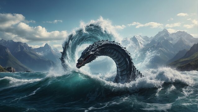 Sea serpent emerging out of the water creating large waves with mountains in the background 