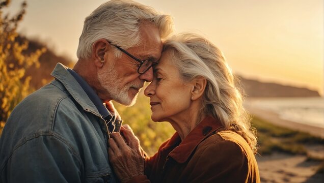 Side view of senior couple hugging outside in spring nature on beach ,sunset