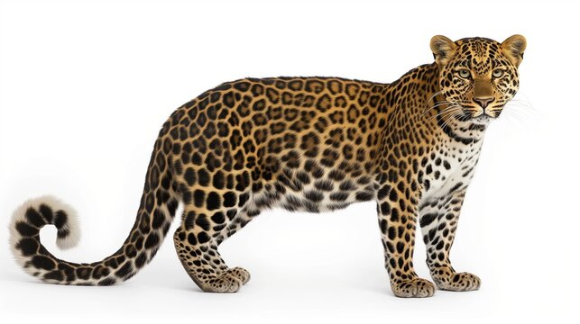 A beautiful image of a leopard isolated on a plain white background. portrait of a jaguar panthera leo