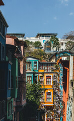 Fototapeta na wymiar colorful beautiful houses in quiet street with details in the city of istanbul in balat district 