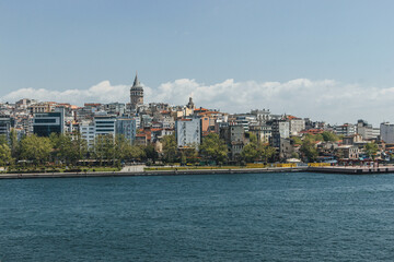Fototapeta na wymiar view of district galata tower in bosphorus strait magnific city istanbul with boats passing by and huge mosquee on top of hill