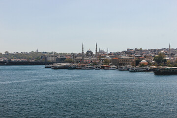 superbe view of bosphorus strait magnific city istanbul with boats passing by and huge mosquee on top of hill