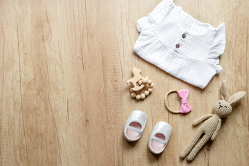 Kids wear flat lay - dress for baby girl with accessories, top view