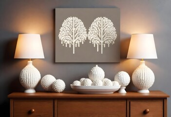 An interior scene with a textured wall art piece above a wooden sideboard, featuring a white table lamp, three white candles, a white bowl with decorative balls, and a white vase with dry branches.