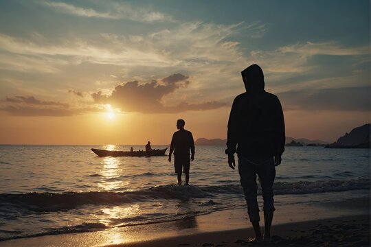  silhouette of Anonymous people on shore at sunset time