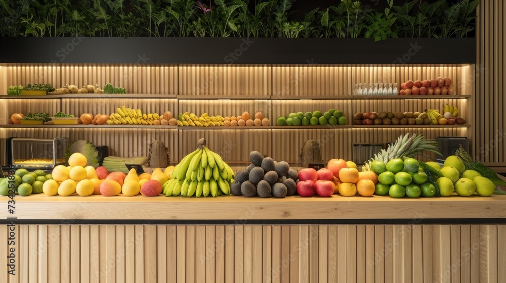 Poster a display in a store filled with lots of different types of fruits and veggies on shelves next to a 