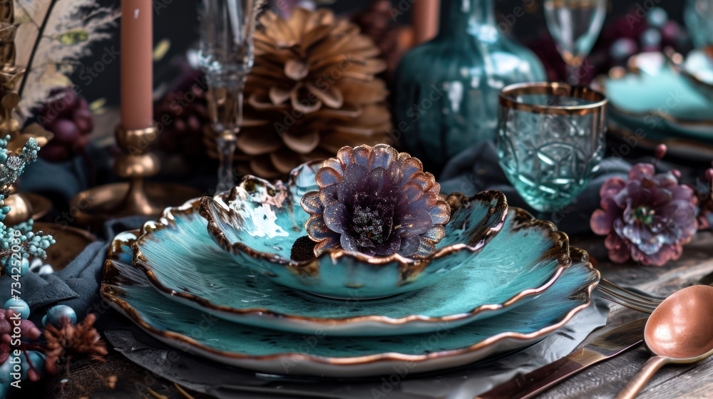 Poster a close up of a table with plates and utensils and a vase with a flower in the middle of the plate a