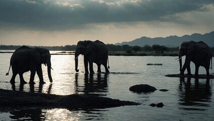 Fototapeta na wymiar silhouette of Elephants walking by the lake