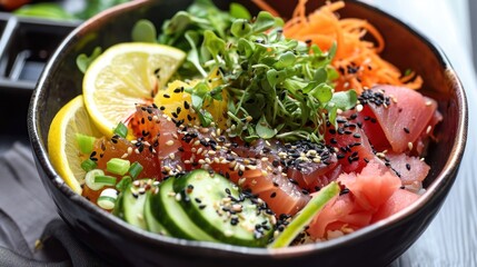  a close up of a bowl of food with a variety of vegetables and sushi on the side of the bowl and a fork on the side of the bowl.