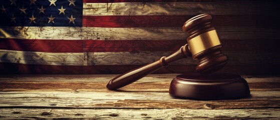 The American justice system. Gavel on the background of the flag symbolizing law and democracy