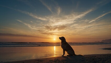  silhouette of golden retriever puppy  enjoying a serene sunset together on beach