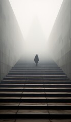 a person walking up stairs in a foggy hallway