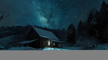  a cabin in the middle of a snow covered forest under a night sky filled with stars and a lot of snow on the ground with trees and snow on the ground.