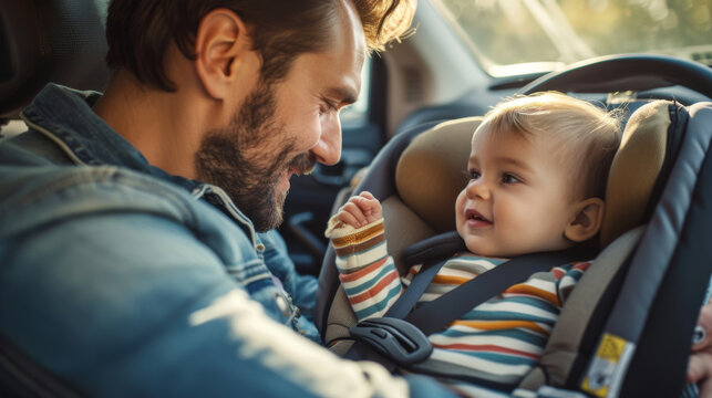 smiling father looking at his baby who is securely strapped into a car safety seat, depicting a moment of bonding and responsible parenting.