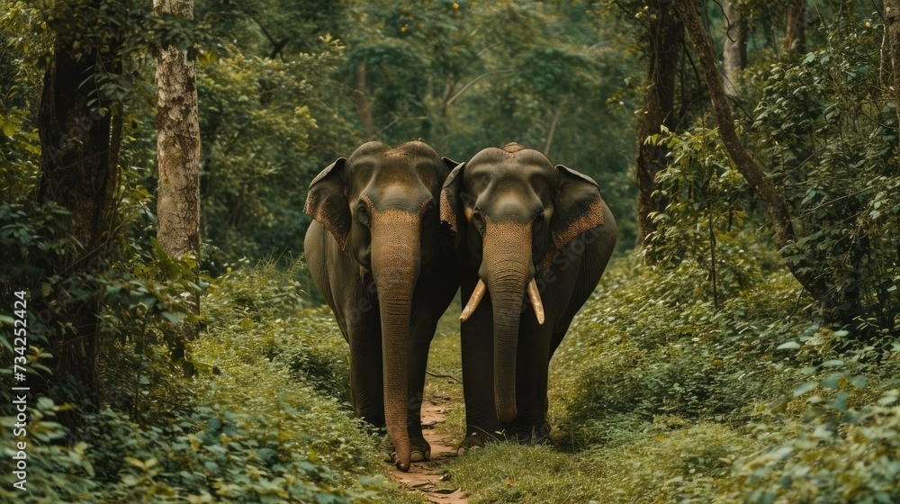 Poster two elephants walking down a dirt path in the middle of a forest with trees on both sides of the pat