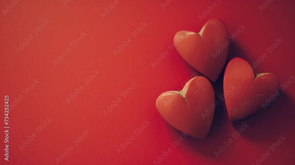 Poster three hearts on a red background with room for your text or image to put on a greeting card or for a