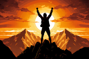 silhouette of a person on the top of mountain, celebrating success and achievements with copy space at sunrise time
