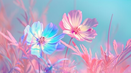 Obraz premium a close up of a bunch of flowers with a blue sky in the backgrounnd of the picture and a pink and blue sky in the back ground.