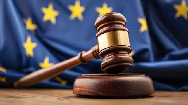 European legal system. A gavel in front of the EU flag, symbolizing continental law and order