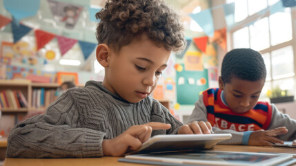 two young boys engaged with tablet computers, likely in a classroom setting with educational toys and decorations in the background.