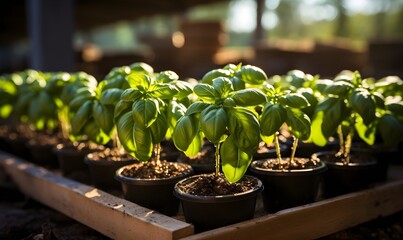 Organic basil seedlings growing in a greenhouse. Gardening concept.