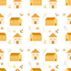 Fototapeta premium Cute seamless pattern with houses and nature in pastel color for kids. Vector illustration, flat style. 