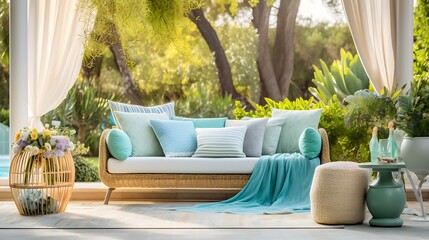 Fototapeta na wymiar a cozy touch to an HD image of an outdoor sofa set surrounded by lush greenery. Easter-themed throws and pillows enhance the scene, making it perfect for relaxation.