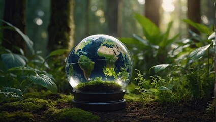 World environment and earth day concept with glass globe and eco friendly environment