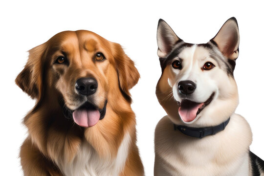 a quality stock photograph of two beautiful happy dogs standing next to each other isolated on a white or transparant background