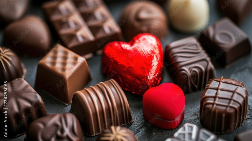 Poster a close up of many different types of chocolates with a red heart on top of one of the chocolates is