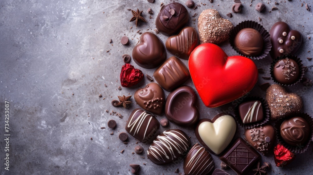 Poster a table topped with lots of chocolates next to a red heart shaped box of chocolates on top of a gray