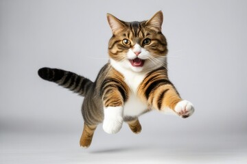 Obraz premium a quality stock photograph of a single fat happy cat jumping in the air isolated on a white background