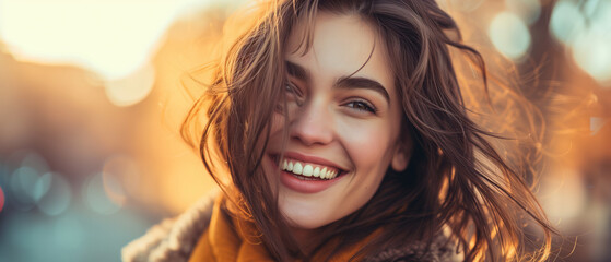 Fototapeta premium Vibrant Autumn Glow: Young Woman's Joyful Smile Illuminated by the Golden Light of the Season