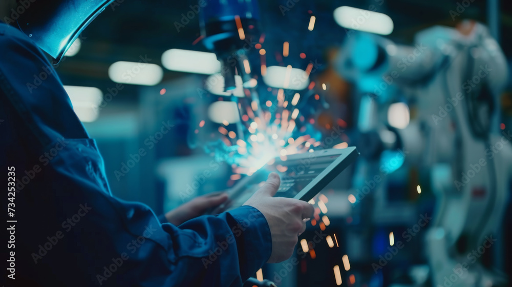 Poster industrial robot arm performing a task while a person in business attire is using a tablet