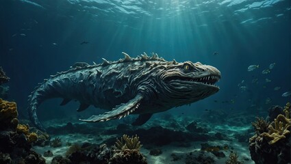 underwater sea monster - obrazy, fototapety, plakaty